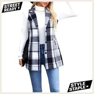 Flannel Plaid Sleeveless Blazer Vest Lapel Button Down Long Jacket With Pockets